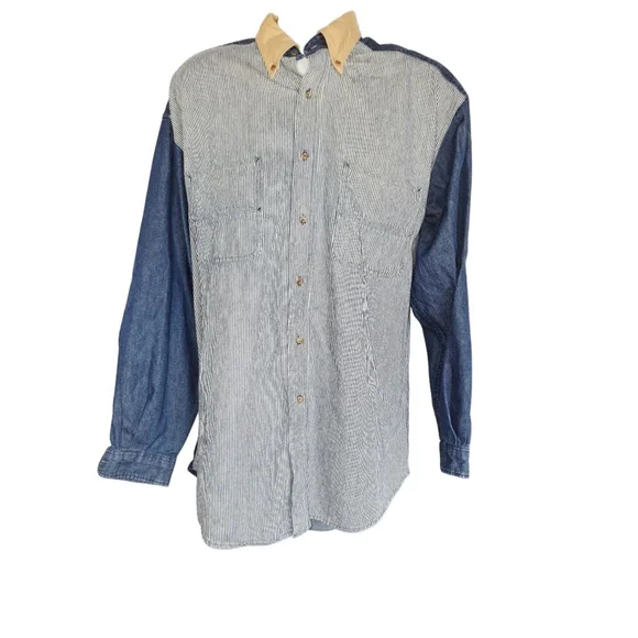 Vintage Tango by Max Raab XL Blue White Striped Denim Casual Button Down Shirt - Picture 2 of 6